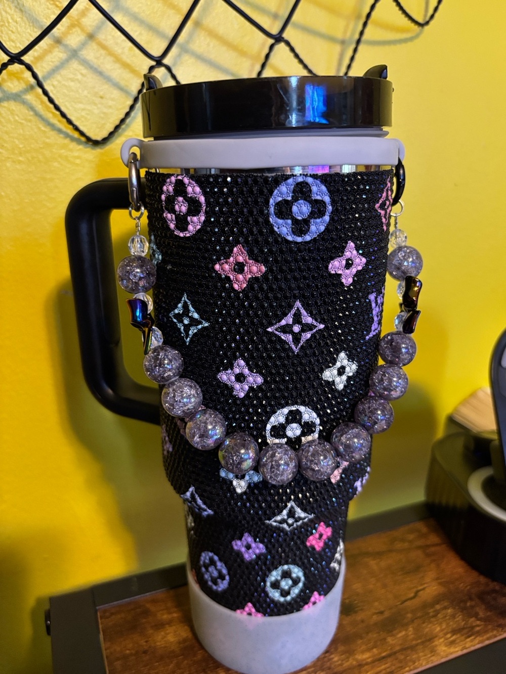 Stanley Black Rhinestone Tumbler with Beaded Strap and keychain